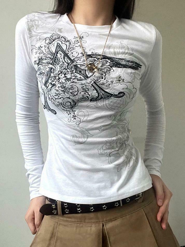 Vintage Retro Print Slim Long Sleeve Tee - Y2K Fashion Aesthetic for Women