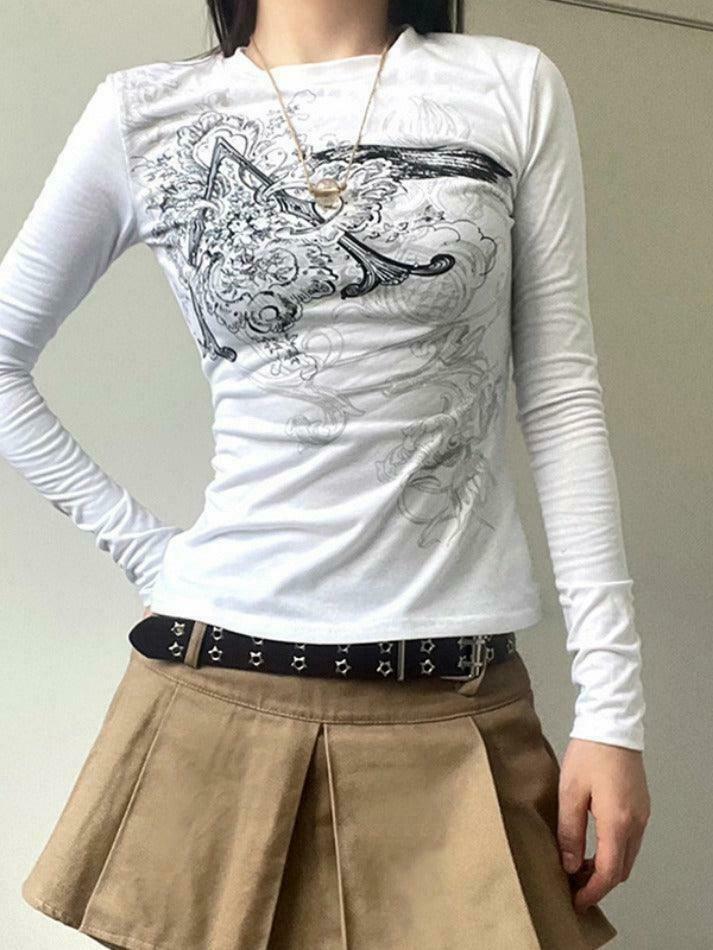 Vintage Retro Print Slim Long Sleeve Tee - Y2K Fashion Aesthetic for Women