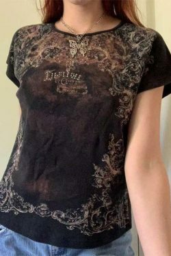 Vintage Rhinestone Printed Tee - Y2K Fashion Aesthetic with Coquette and Grunge Vibes
