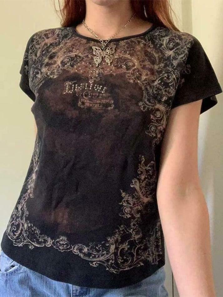 Vintage Rhinestone Printed Tee - Y2K Fashion Aesthetic with Coquette and Grunge Vibes