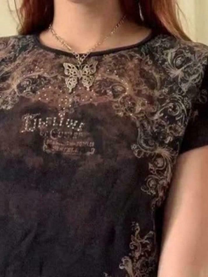 Vintage Rhinestone Printed Tee - Y2K Fashion Aesthetic with Coquette and Grunge Vibes