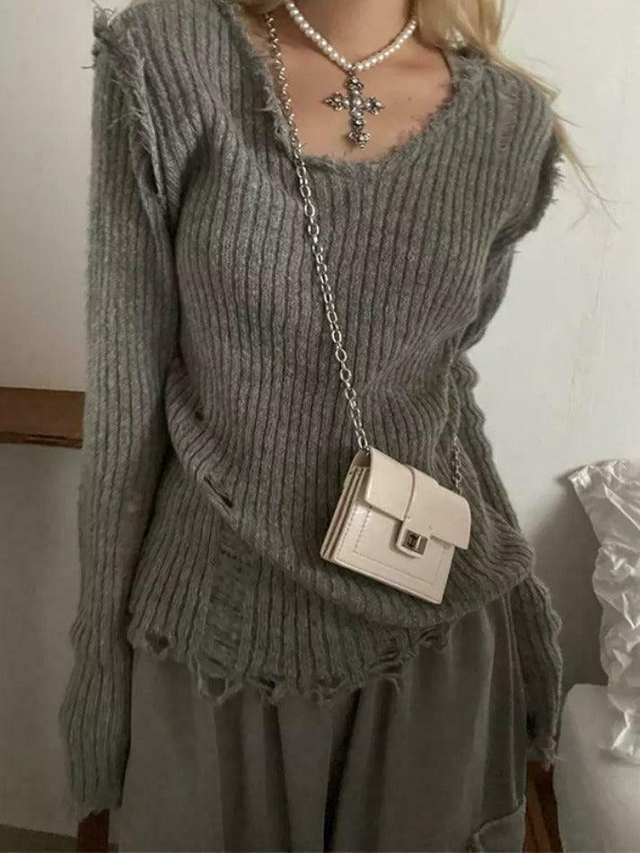 Vintage Ribbed Tattered V-Neck Sweater - Y2K Fashion Coquette Aesthetic Grunge Style
