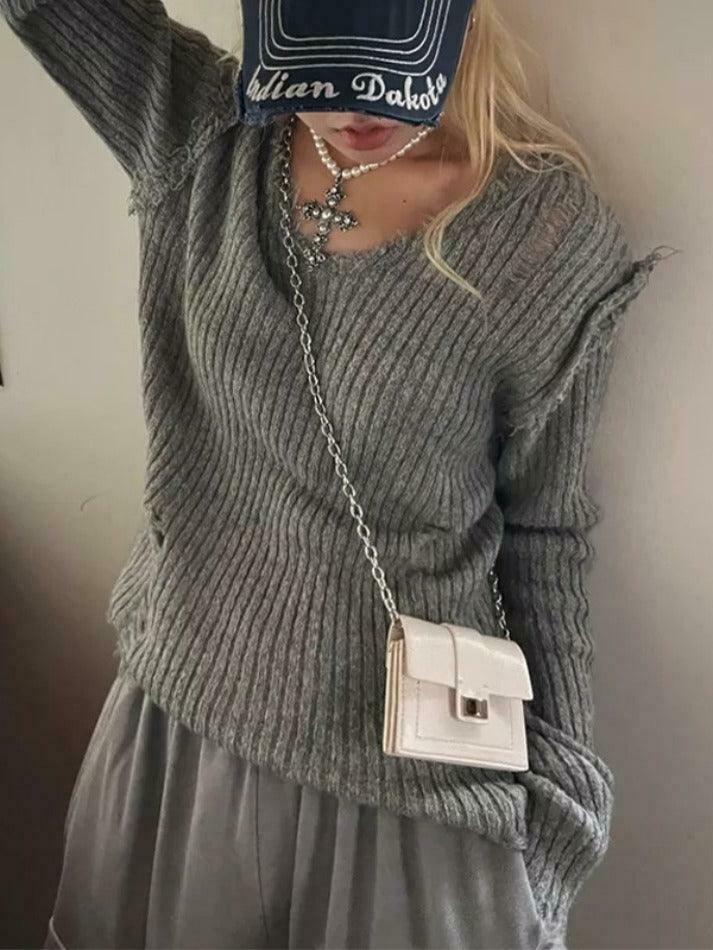 Vintage Ribbed Tattered V-Neck Sweater - Y2K Fashion Coquette Aesthetic Grunge Style