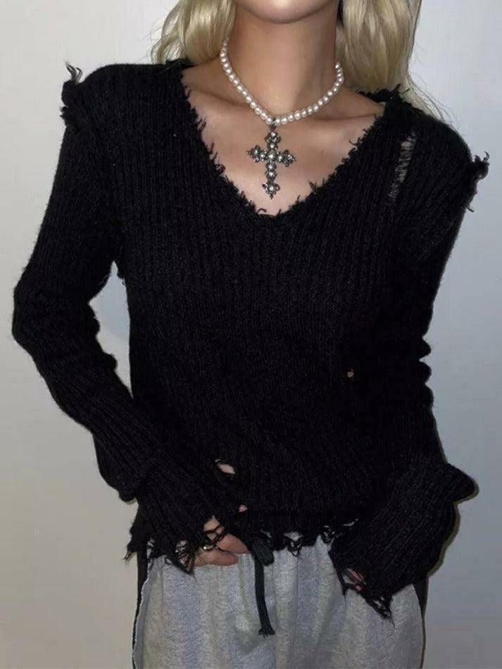 Vintage Ribbed Tattered V-Neck Sweater - Y2K Fashion Coquette Aesthetic Grunge Style