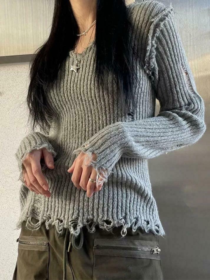 Vintage Ribbed Tattered V-Neck Sweater - Y2K Fashion Coquette Aesthetic Grunge Style