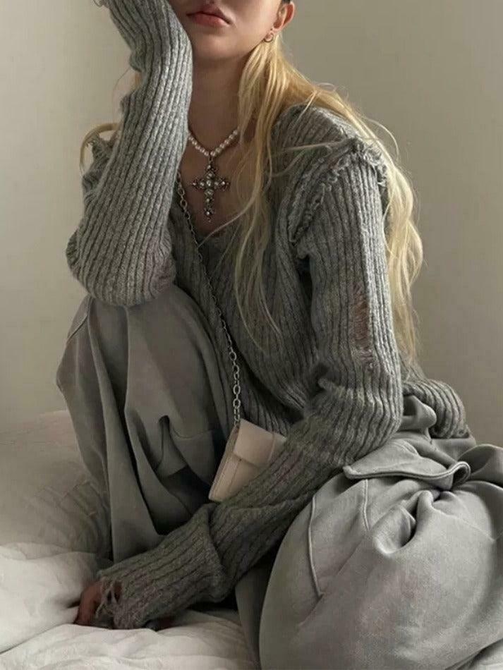 Vintage Ribbed Tattered V-Neck Sweater - Y2K Fashion Coquette Aesthetic Grunge Style