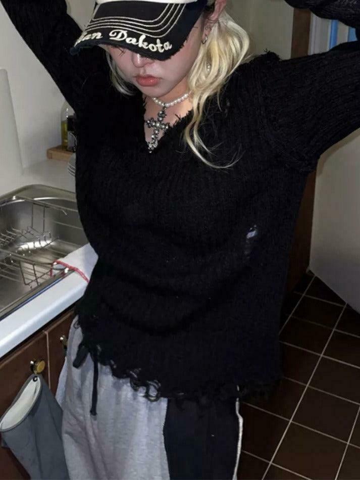 Vintage Ribbed Tattered V-Neck Sweater - Y2K Fashion Coquette Aesthetic Grunge Style
