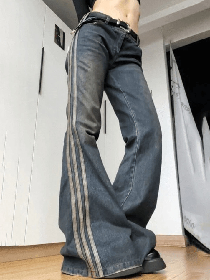 Vintage Side Striped Y2K Flare Jeans - Niche Women's Fashion