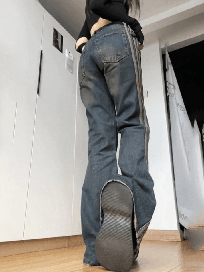 Vintage Side Striped Y2K Flare Jeans - Niche Women's Fashion