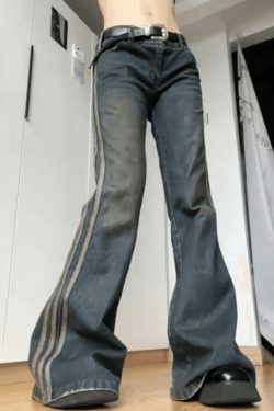 Vintage Side Striped Y2K Flare Jeans - Niche Women's Fashion