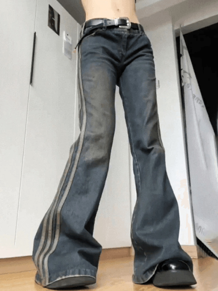 Vintage Side Striped Y2K Flare Jeans - Niche Women's Fashion