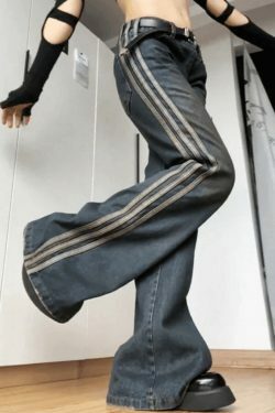 Vintage Side Striped Y2K Flare Jeans - Niche Women's Fashion