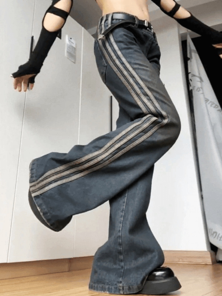 Vintage Side Striped Y2K Flare Jeans - Niche Women's Fashion