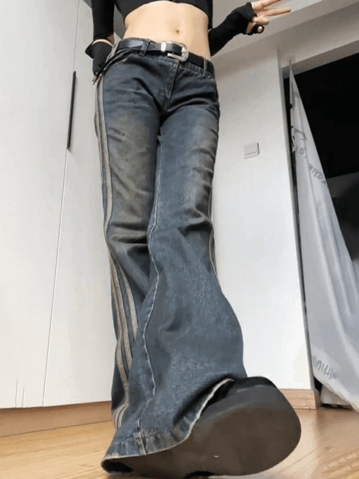 Vintage Side Striped Y2K Flare Jeans - Niche Women's Fashion