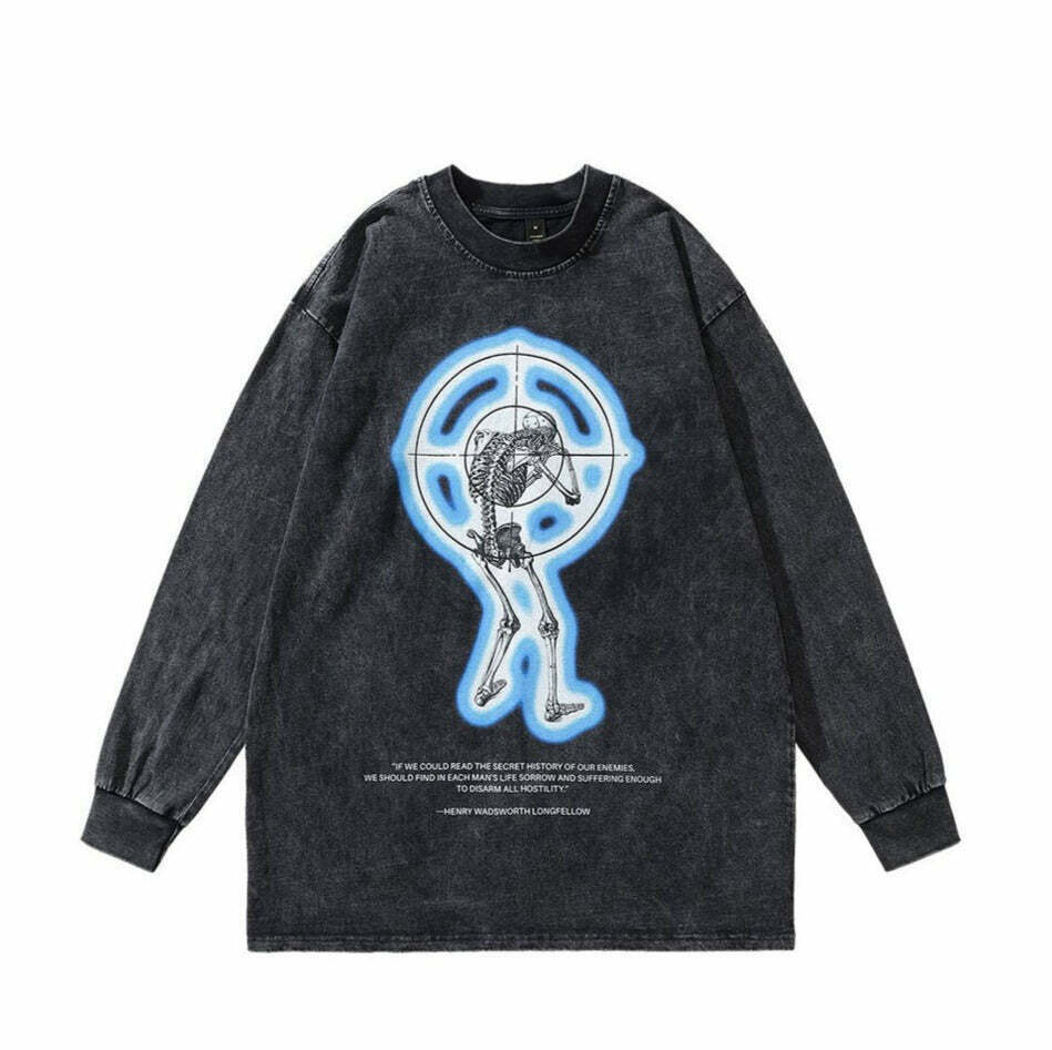 Vintage Skeleton Target Acid Washed Long Sleeve Tee - Y2K Grunge Aesthetic Fashion