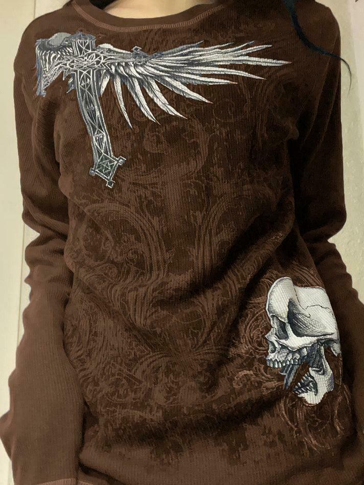 Vintage Skull Print Long Sleeve Knit Sweater - Y2K Aesthetic Goth Grunge Coquette Style Top