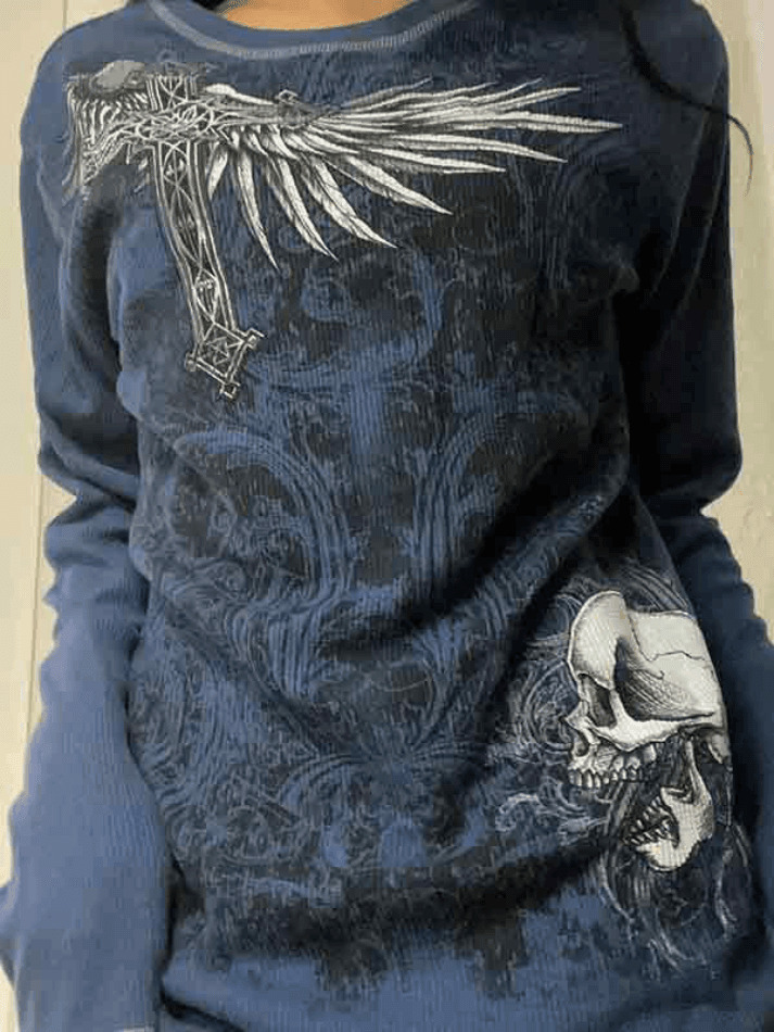 Vintage Skull Print Long Sleeve Knit Sweater - Y2K Aesthetic Goth Grunge Coquette Style Top
