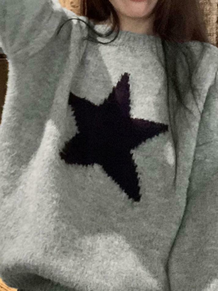 Vintage Star Jacquard Crew Neck Sweater - Y2K Aesthetic - Coquette Style - Gr