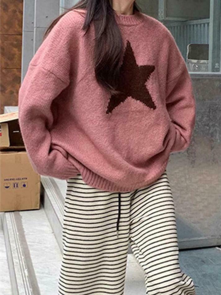 Vintage Star Jacquard Crew Neck Sweater - Y2K Aesthetic - Coquette Style - Gr