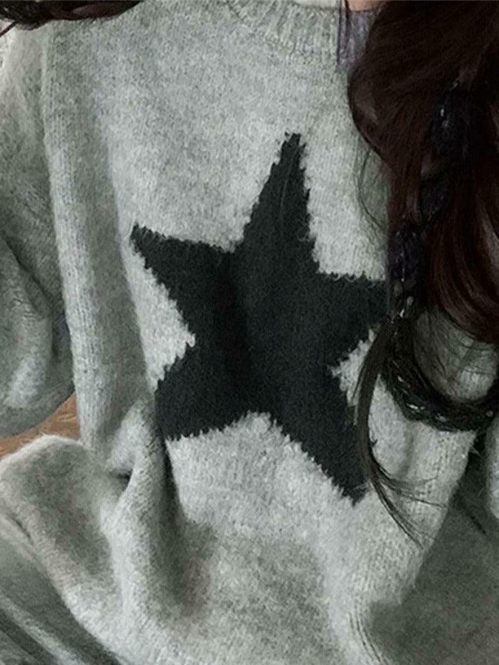 Vintage Star Jacquard Crew Neck Sweater - Y2K Aesthetic - Coquette Style - Gr