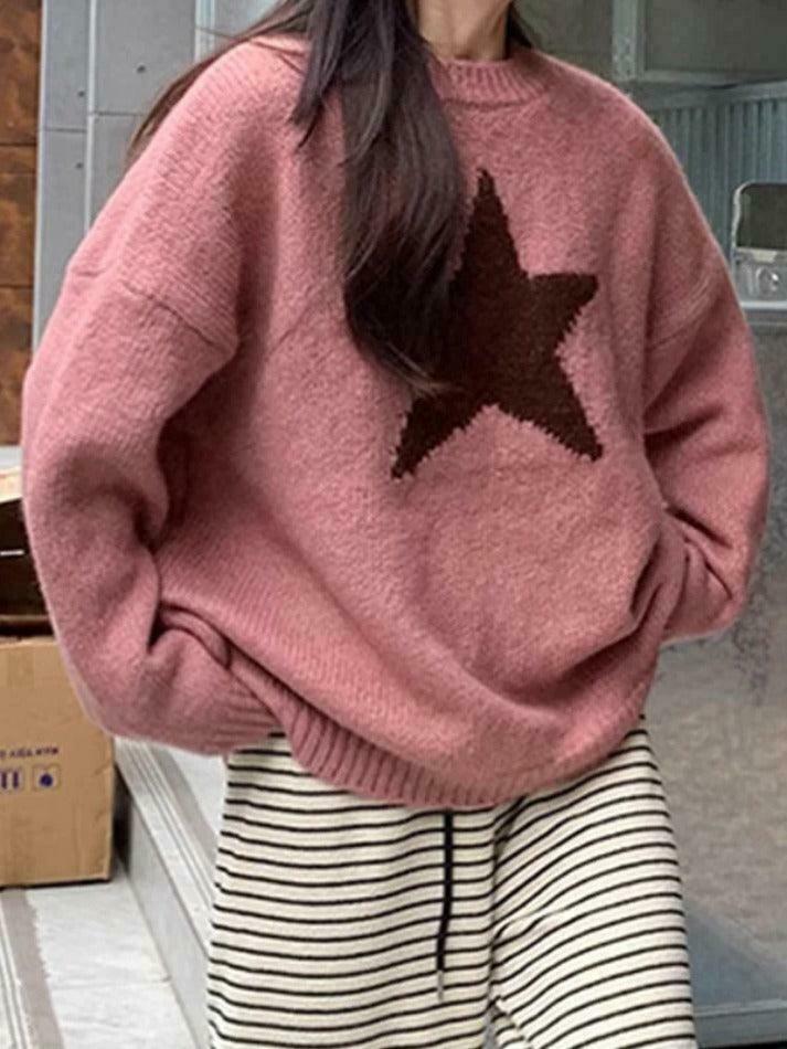 Vintage Star Jacquard Crew Neck Sweater - Y2K Aesthetic - Coquette Style - Gr