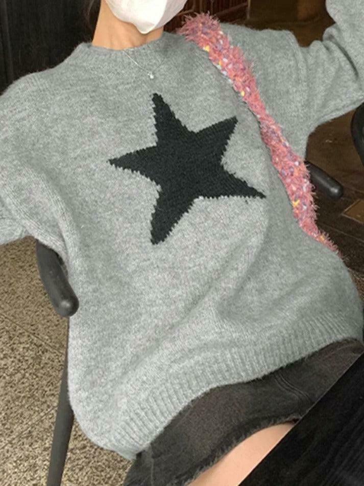 Vintage Star Jacquard Crew Neck Sweater - Y2K Aesthetic - Coquette Style - Gr
