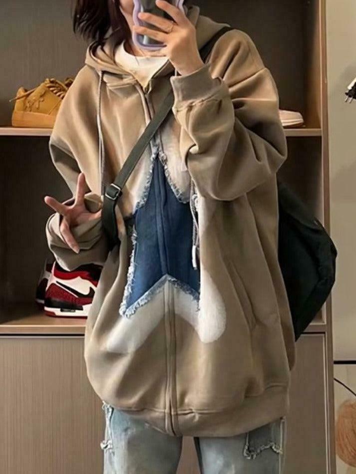 Vintage Star Patchwork Oversized Hoodie for Y2K Fashion Enthusiasts