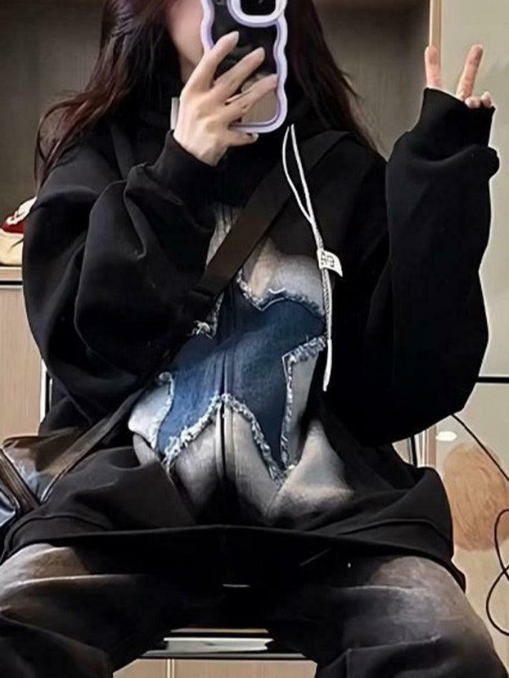 Vintage Star Patchwork Oversized Hoodie for Y2K Fashion Enthusiasts