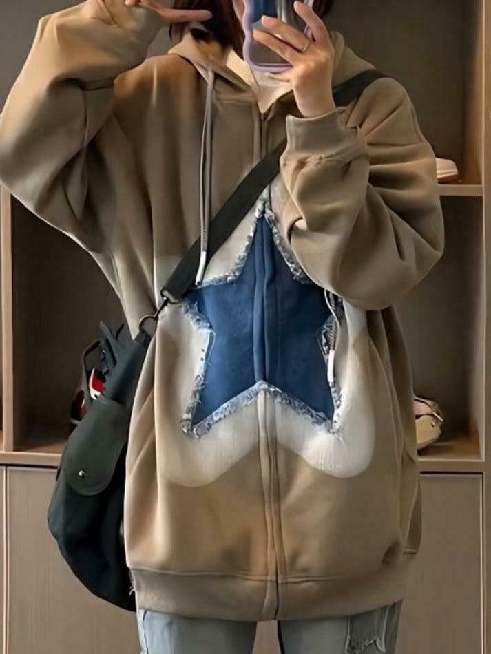 Vintage Star Patchwork Oversized Hoodie for Y2K Fashion Enthusiasts
