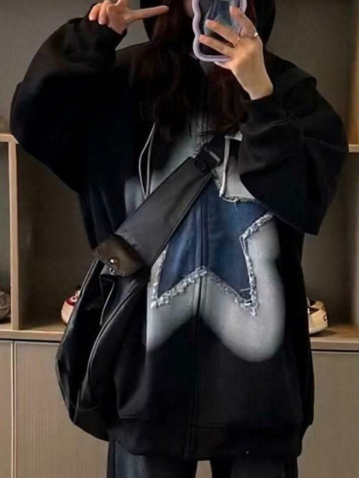Vintage Star Patchwork Oversized Hoodie for Y2K Fashion Enthusiasts