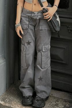 Vintage Star Print Cargo Jeans - Y2K Aesthetic Boyfriend Fit for Women
