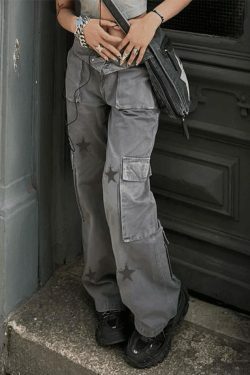 Vintage Star Print Cargo Jeans - Y2K Aesthetic Boyfriend Fit for Women