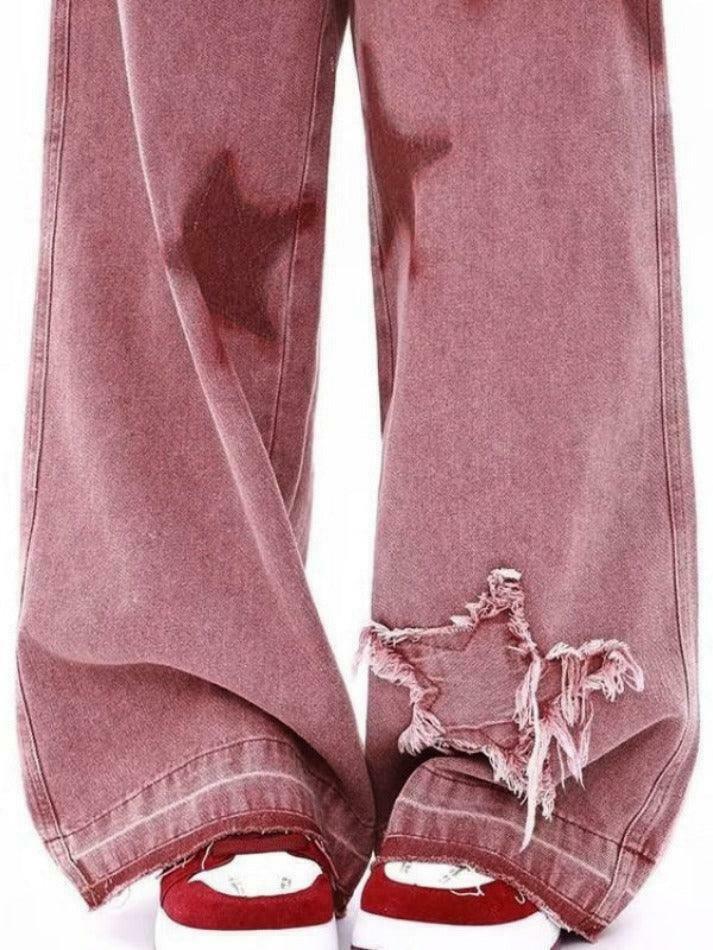 Vintage Star Print Embroidery Boyfriend Jeans - Y2K Aesthetic Denim with Unique Coquette Style