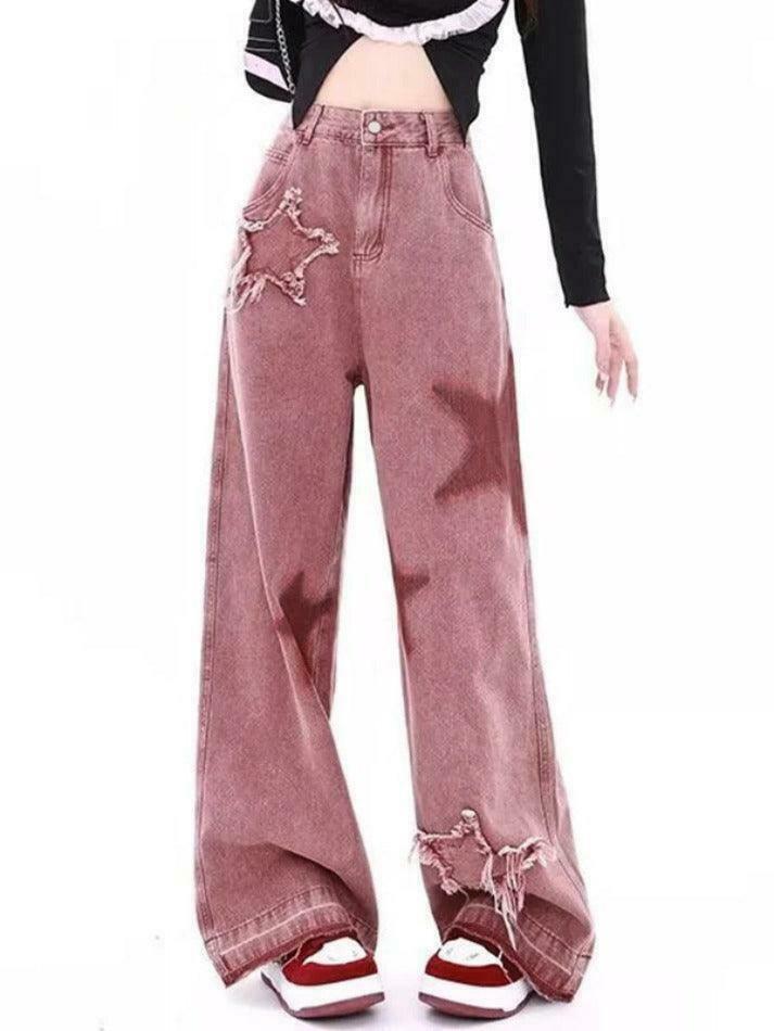 Vintage Star Print Embroidery Boyfriend Jeans - Y2K Aesthetic Denim with Unique Coquette Style