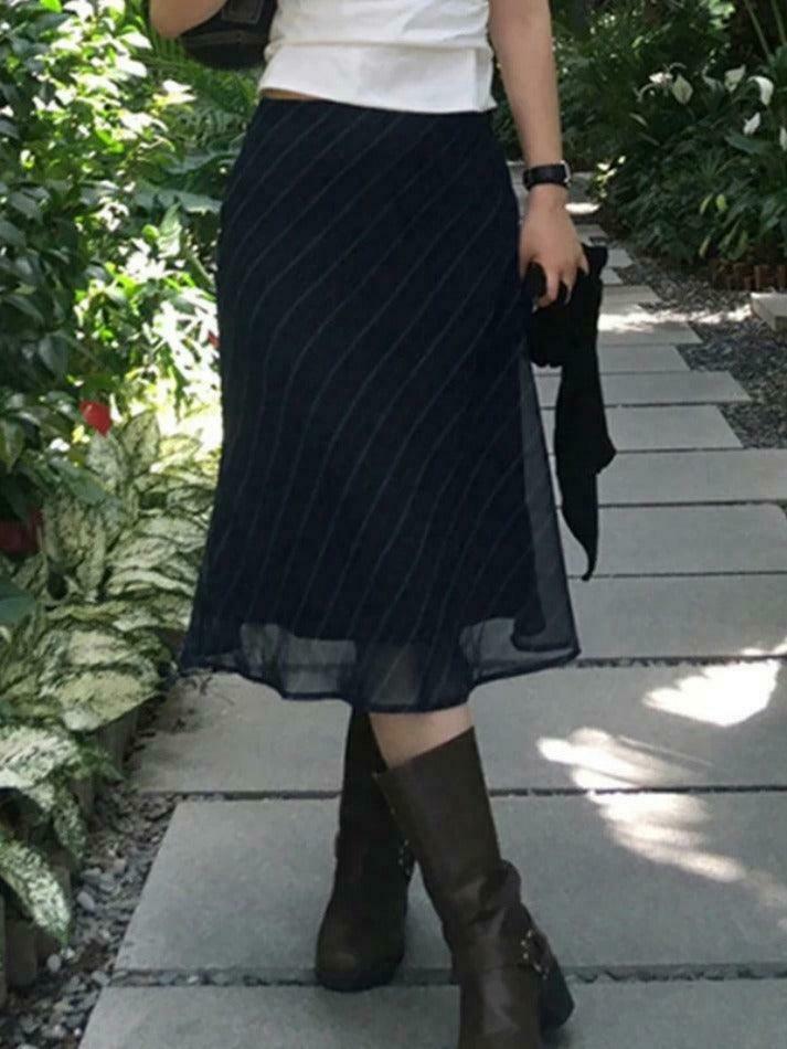 Vintage Stripe Mesh Midi Skirt - Y2K Fashion Double Layered Aesthetic Outfit