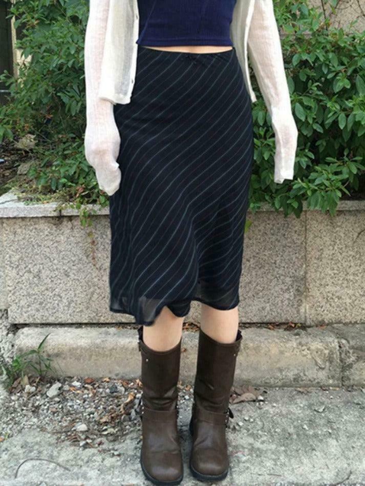 Vintage Stripe Mesh Midi Skirt - Y2K Fashion Double Layered Aesthetic Outfit