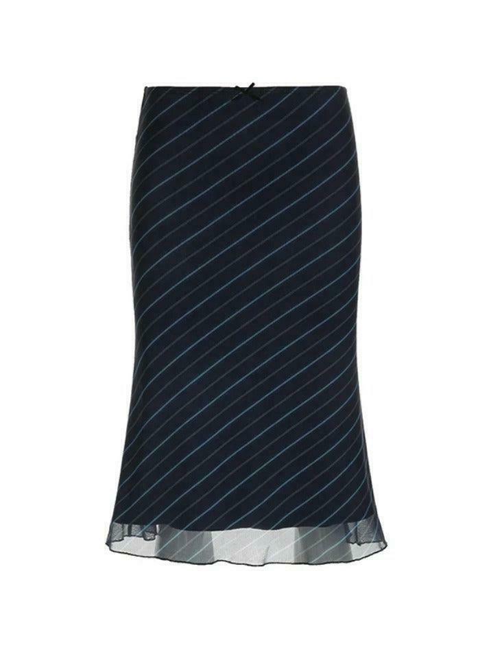 Vintage Stripe Mesh Midi Skirt - Y2K Fashion Double Layered Aesthetic Outfit