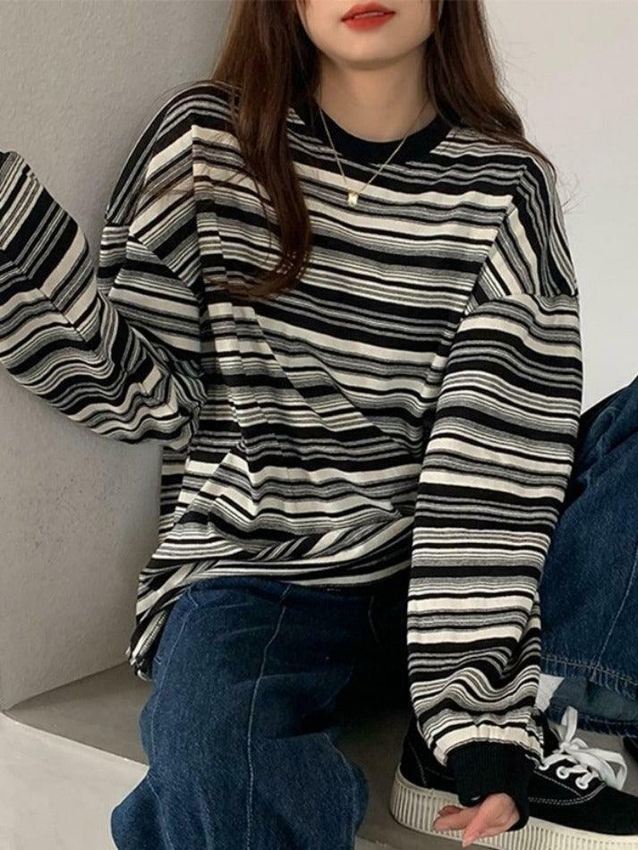 Vintage Striped Crew Neck Pullover Sweater for Y2K Fashion Enthusiasts