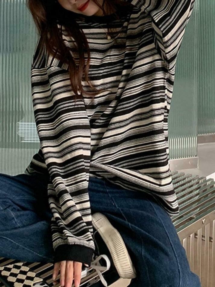 Vintage Striped Crew Neck Pullover Sweater for Y2K Fashion Enthusiasts