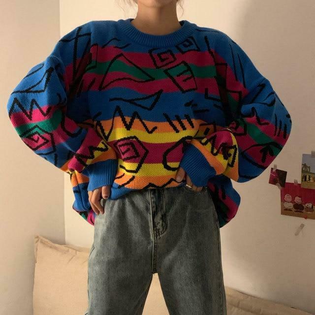 Vintage Striped Sweater: Y2K Aesthetic Coquette Style with Grunge Flair and Pastel Goth Vibes