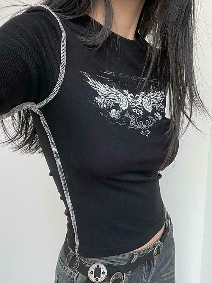 Vintage Style Long Sleeve Wings Print Slim-Fit T-Shirt for Women - Y2K Fashion Aesthetic