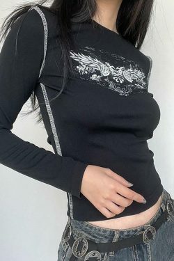 Vintage Style Long Sleeve Wings Print Slim-Fit T-Shirt for Women - Y2K Fashion Aesthetic