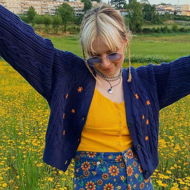 Vintage Sweater with Floral Embroidery - Y2K Fashion Aesthetic for Women