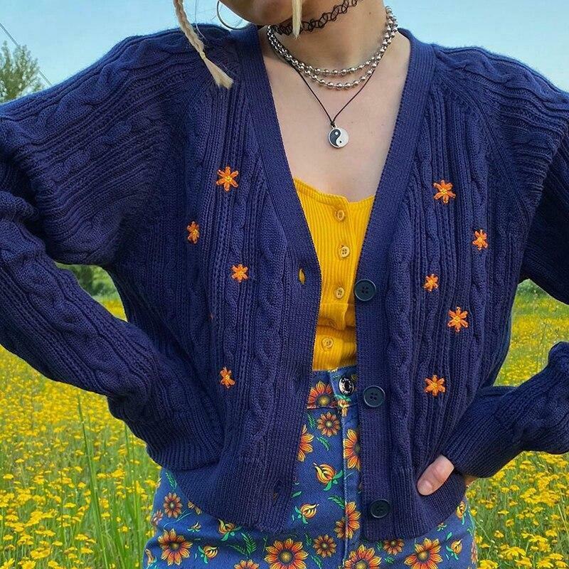 Vintage Sweater with Floral Embroidery - Y2K Fashion Aesthetic for Women
