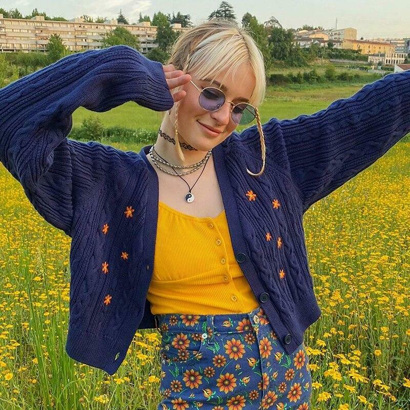 Vintage Sweater with Floral Embroidery - Y2K Fashion Aesthetic for Women