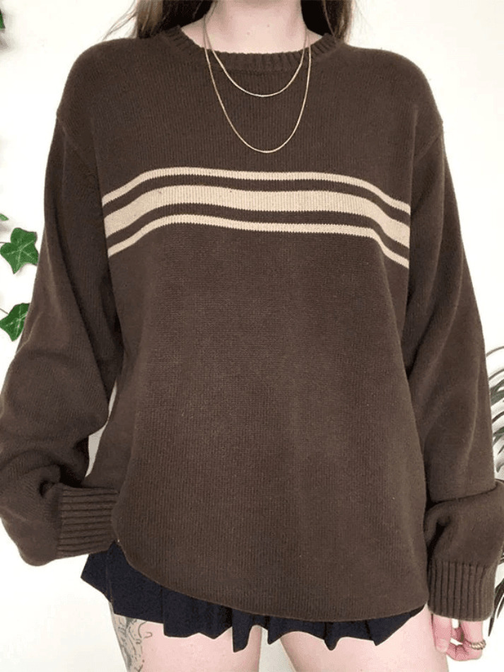 Vintage Three Striped Pullover Sweater - Y2K Fashion Aesthetic Women's Clothing