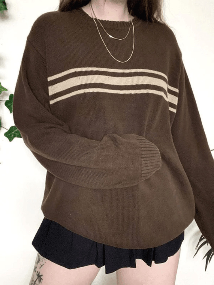 Vintage Three Striped Pullover Sweater - Y2K Fashion Aesthetic Women's Clothing