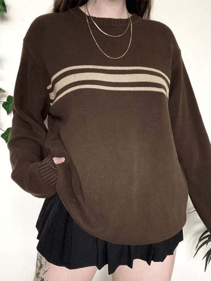 Vintage Three Striped Pullover Sweater - Y2K Fashion Aesthetic Women's Clothing