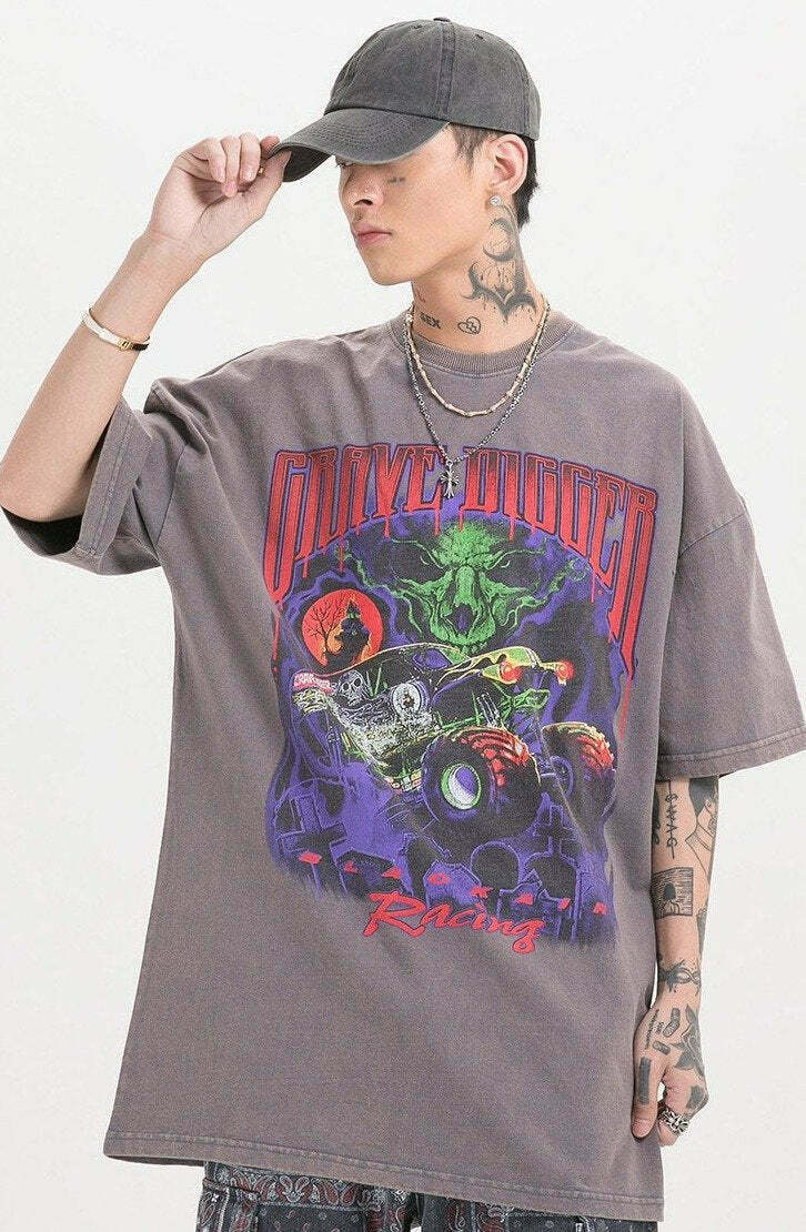 Vintage Vibe: BLACK AIR 'Grave Digger' Graphic Tee in Washed Cotton Jersey - Y2K Aesthetic Fashion
