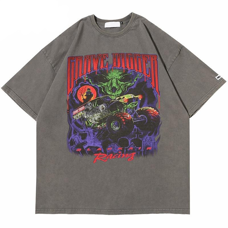 Vintage Vibe: BLACK AIR 'Grave Digger' Graphic Tee in Washed Cotton Jersey - Y2K Aesthetic Fashion